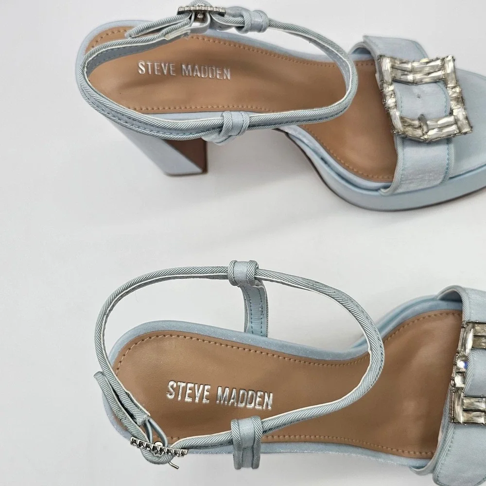 Steve Madden Liandra-B Block Heel Platform Sandals Womens 6.5 Blue Satin Crystal